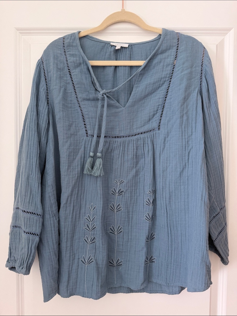 Embroidered Tassel Tie-Neck Tunic Top - Light Blue